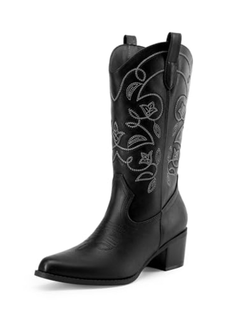 Womens Cowboy Boots Embroidery Western Cowgirl Boots V Cut Chunky - Black